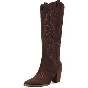 Women Chocolate Western Knee High Cowgirl Boots with Side Zipper Retro Pointed